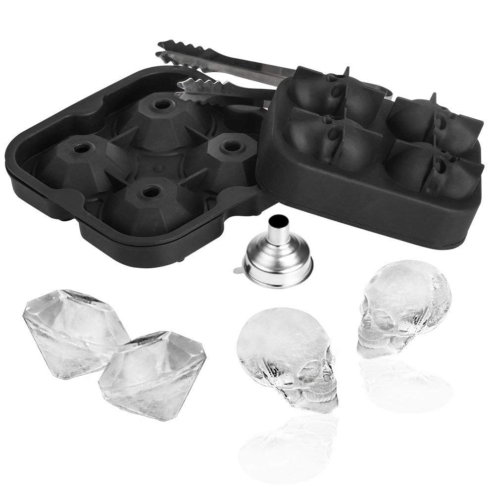 Ice Tray, 3D Skull and Diamond Flexible Silicone Ice Cube Tray, Ice Cube Molds with Lids BPA Free for Whiskey Wine, Cocktails and Beverages by AmpleSky, Set of 2 (Black)